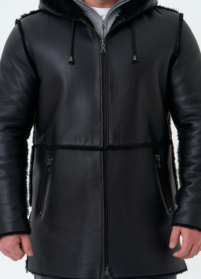 Мужская натуральная дубленка с капюшоном модель № 32060 универмаг малина