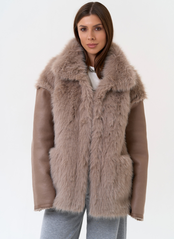 Женская дубленка из эко замши с отделкой из эко меха