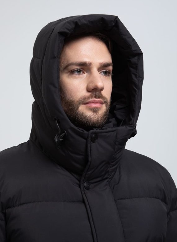 Мужской удлиненный пуховик с капюшоном