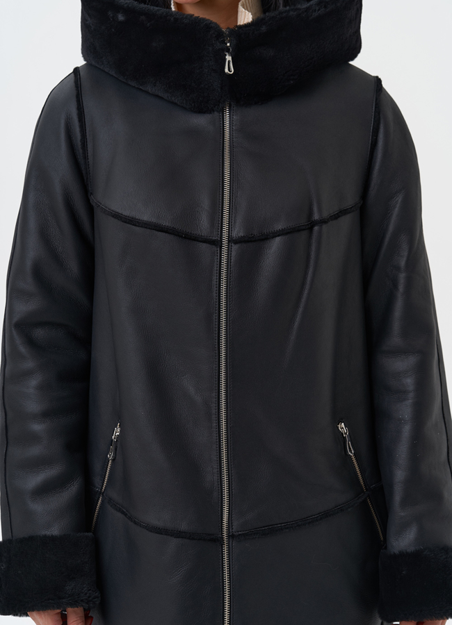 Натуральная дубленка с капюшоном модель № 28958 универмаг малина