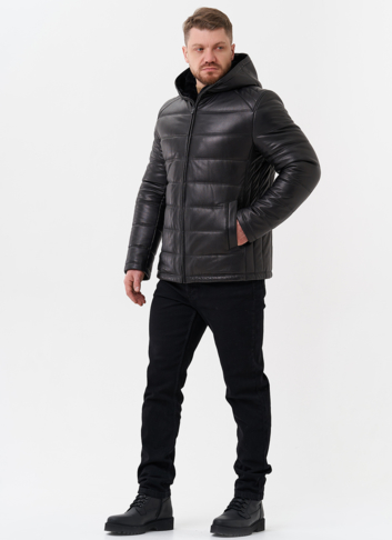 Пуховик из натуральной кожи с отделкой из мутона