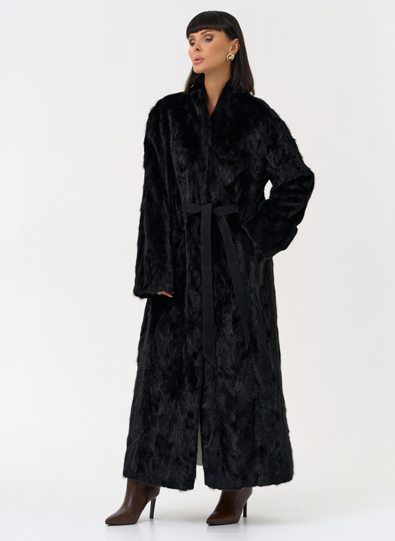 Длинная шуба из меха норки с поясом