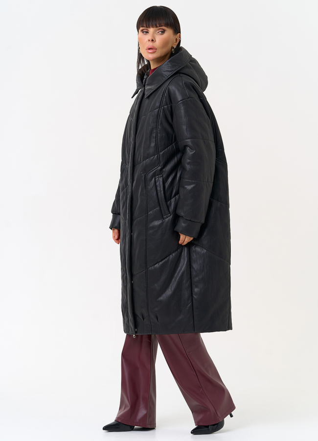 Женский пуховик из эко кожи со съемным эко мехом модель № 30718 в рассрочку