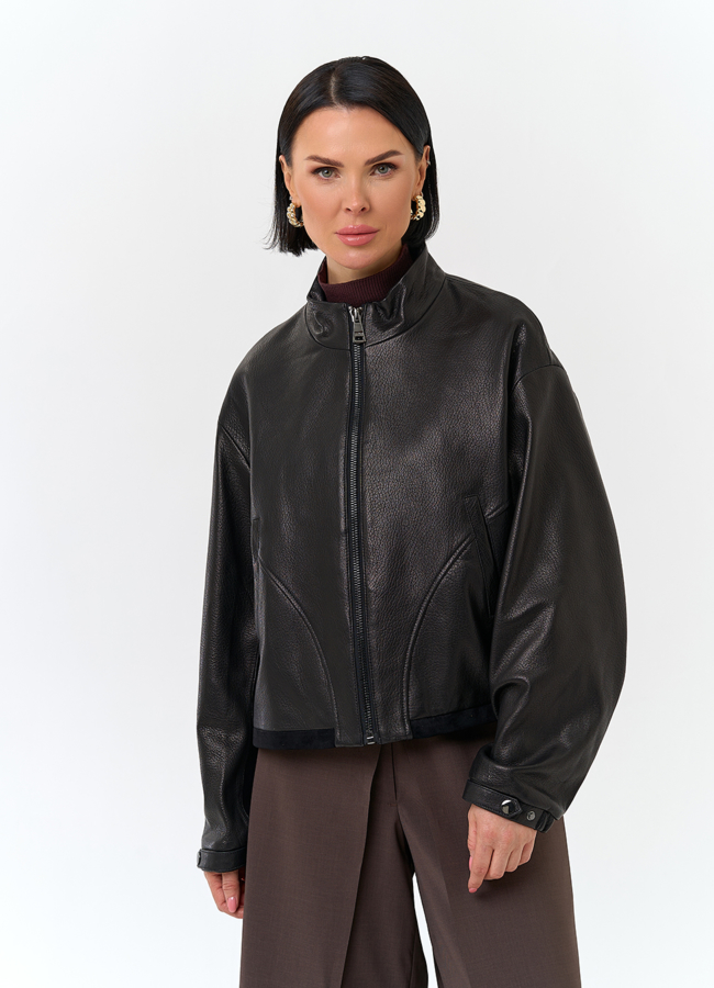 Женская короткая куртка из натуральной кожи модель № 32748 меха малина