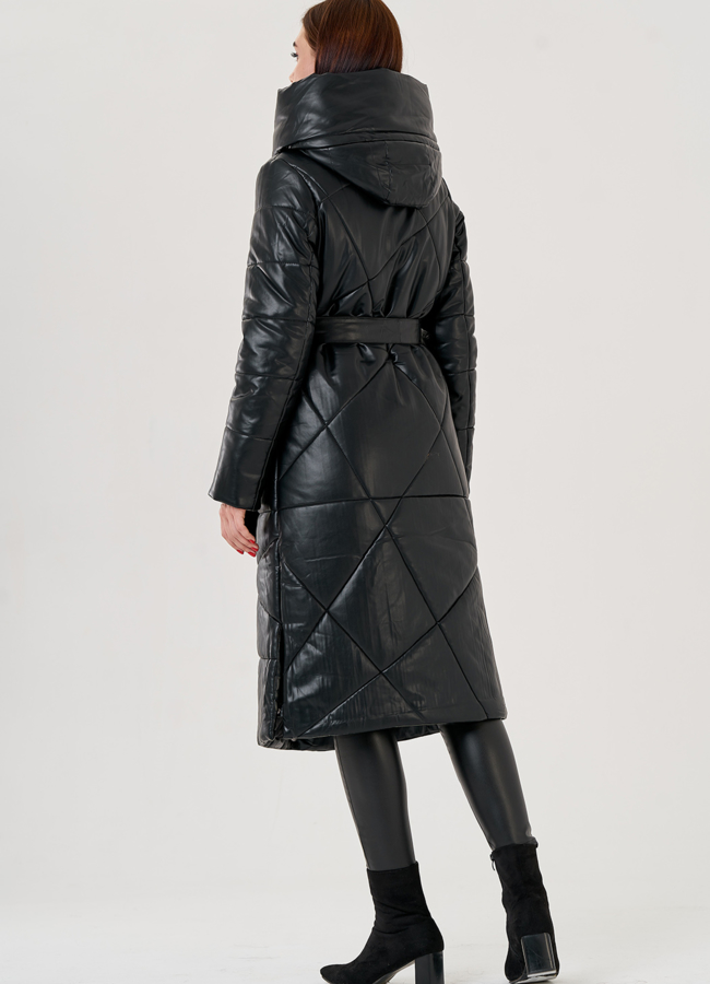Черный длинный пуховик из эко кожи Malina Siberian модель № 79130 в кредит