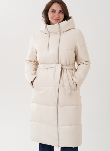Пуховик из эко кожи молочного цвета с капюшоном