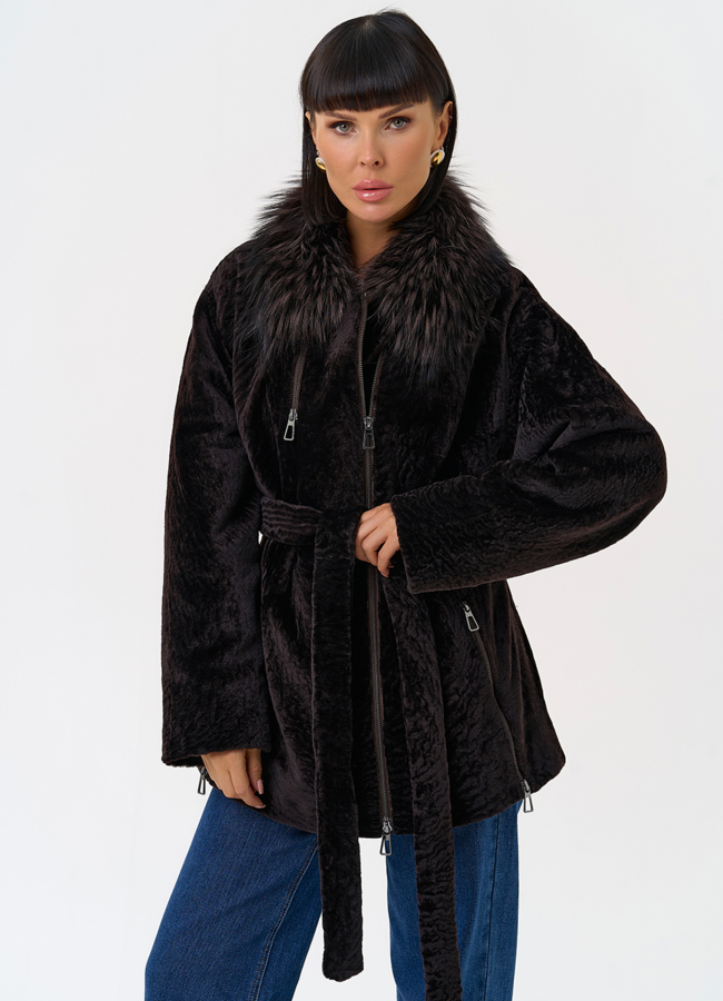 Дубленка натуральная с воротником из меха лисы модель № 31624 универмаг малина