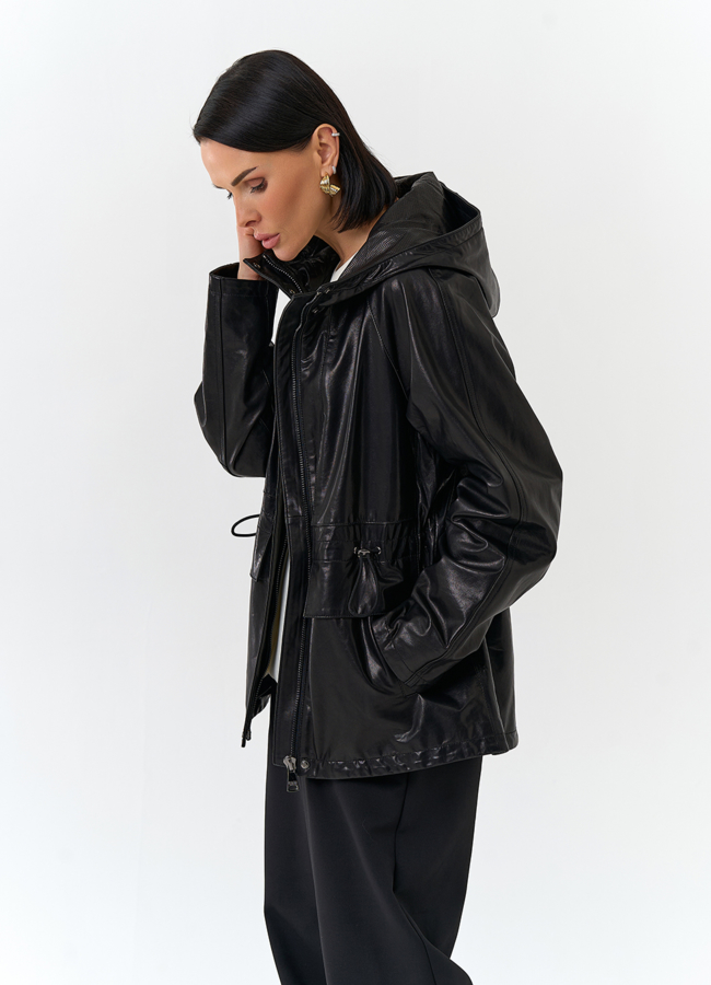 Женская куртка из натуральной кожи  с капюшоном модель № 32528 универмаг малина