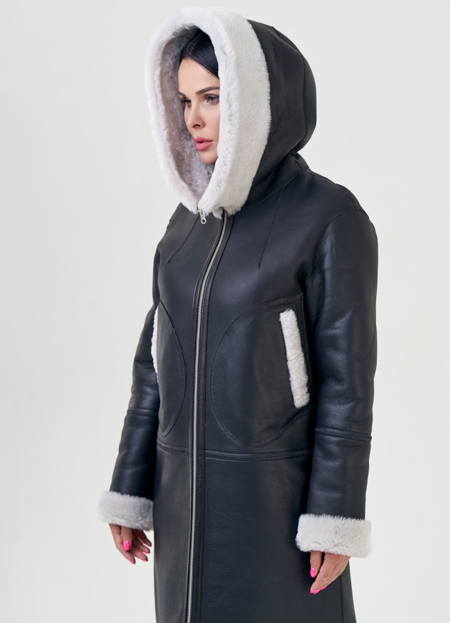 Двухсторонняя женская дубленка с капюшоном модель № 23192 универмаг малина