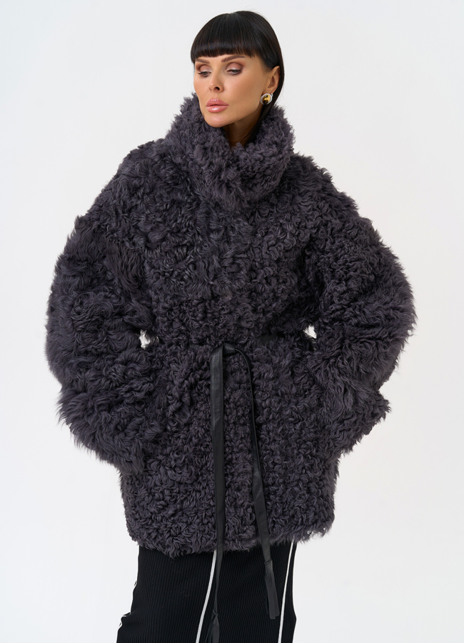 Женская двухсторонняя дубленка с декоративным поясом модель № 31617 в рассрочку