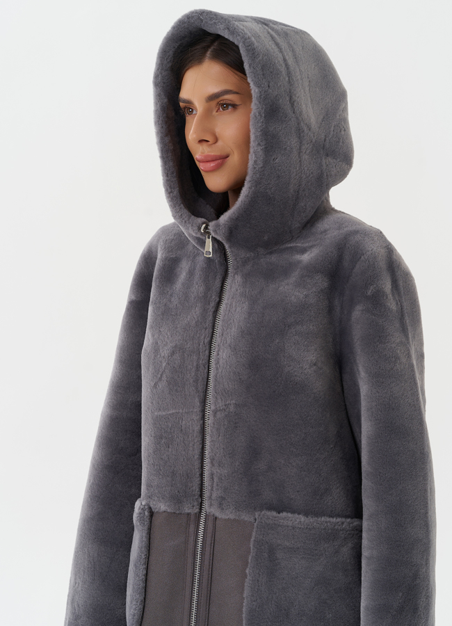 Двухсторонняя эко дубленка с капюшоном модель № 27764 в рассрочку