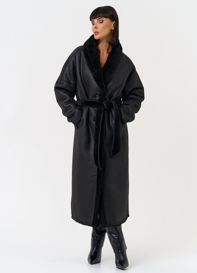 Женская двухсторонняя дубленка из эко замши с воротником шаль модель № 31506 в кредит