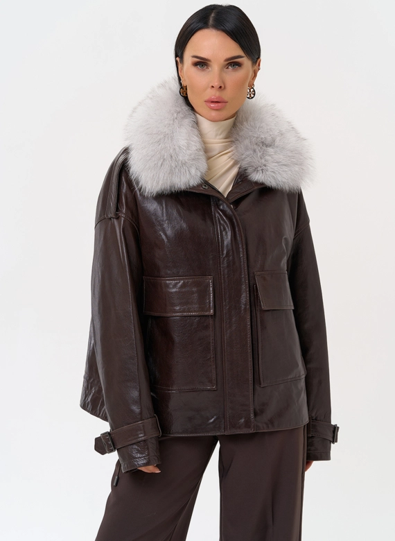 Короткий пуховик из натуральной кожи фото