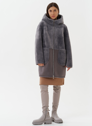 Двухсторонняя эко дубленка с капюшоном