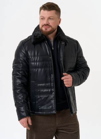 Пуховик из эко кожи с воротником стойкой