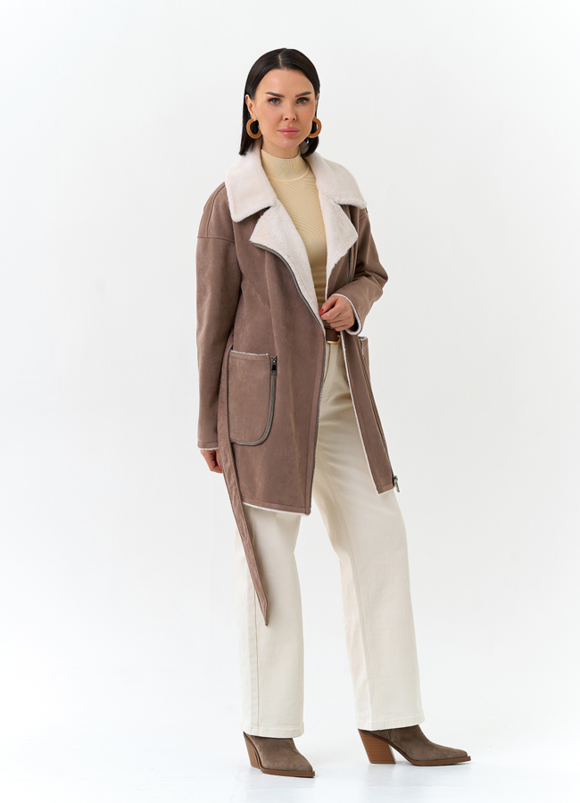 Женская дубленка из эко замши модель № 32689 универмаг малина