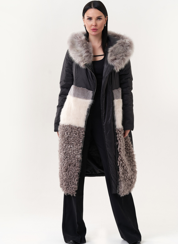 Комбинированный пуховик с овчиной