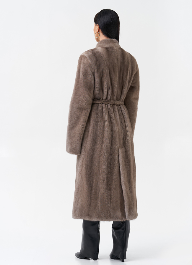 Длинная шуба из норки с поясом модель № 29088 универмаг малина