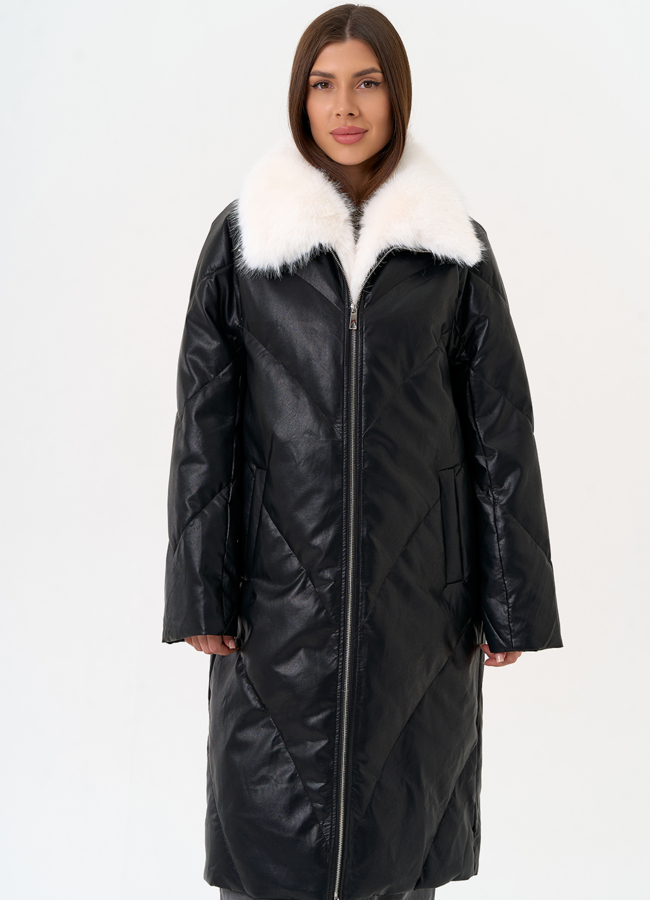 Женский пуховик из эко кожи с отделкой из эко меха модель № 30713 в кредит