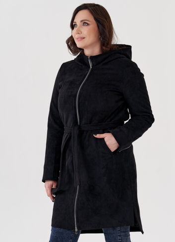 Полупальто из эко замши на утеплителе с капюшоном