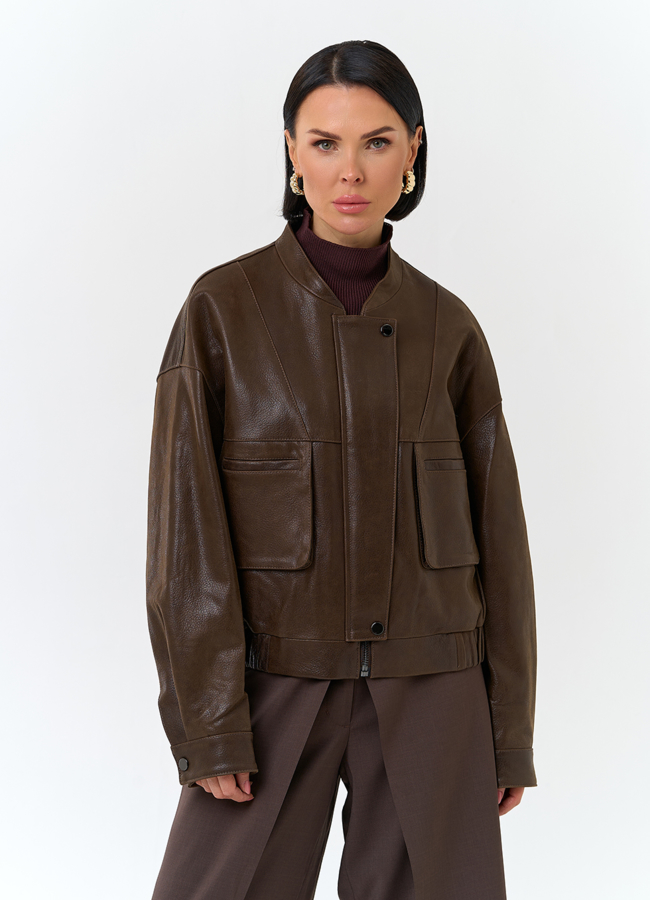 Женская куртка бомбер из натуральной кожи модель № 32749 меха малина