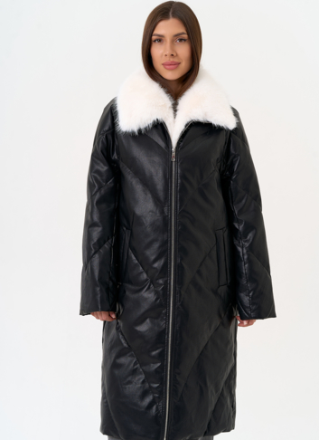 Женский пуховик из эко кожи с отделкой из эко меха