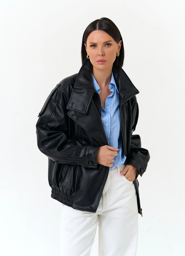 Женская куртка из эко кожи с воротником стойкой модель № 33143 меха малина