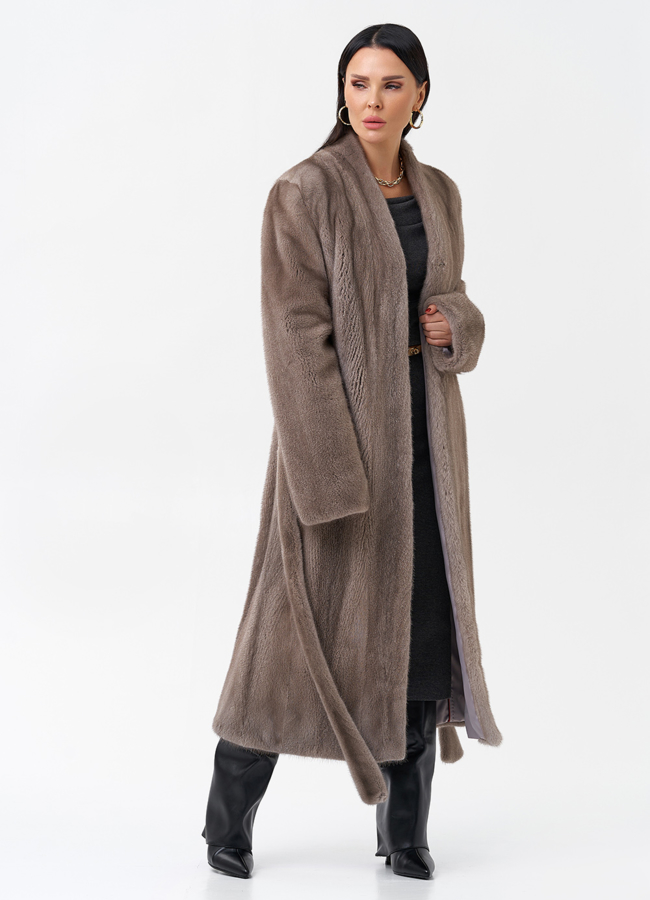 Длинная шуба из норки с поясом модель № 29088 универмаг малина