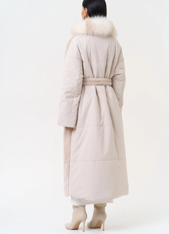 Комбинированное женское пальто из меха овчины с поясом модель № 31401 универмаг малина