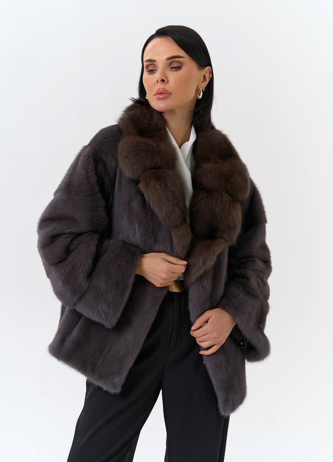 фото Куртка из меха норки с английским воротником из меха куницы модель № 32500