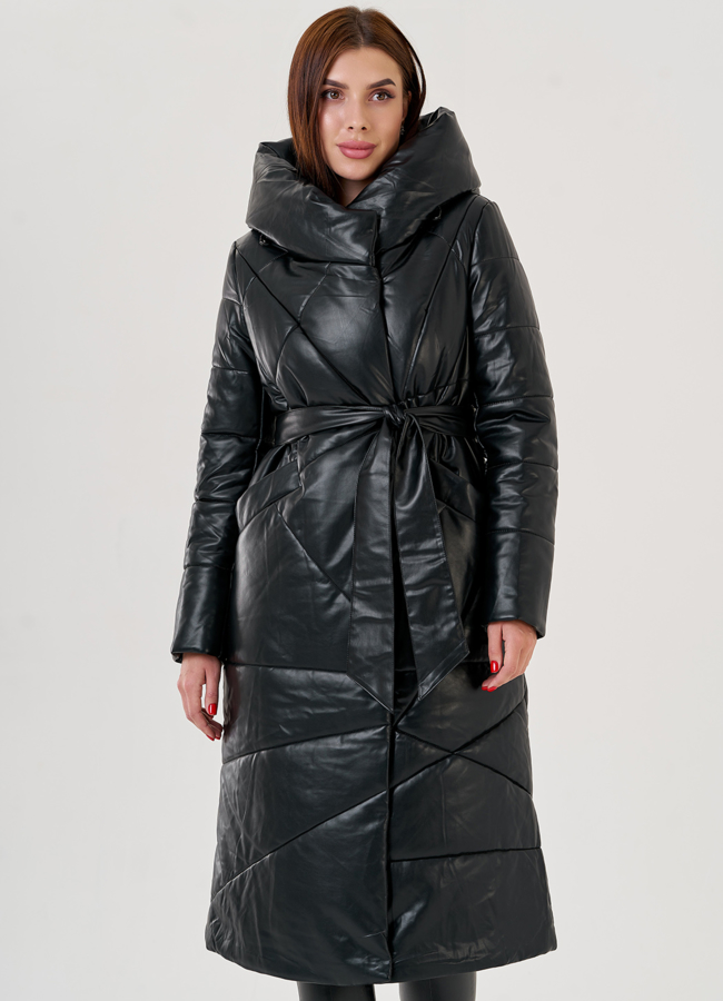 Черный длинный пуховик из эко кожи Malina Siberian модель № 79130 универмаг малина