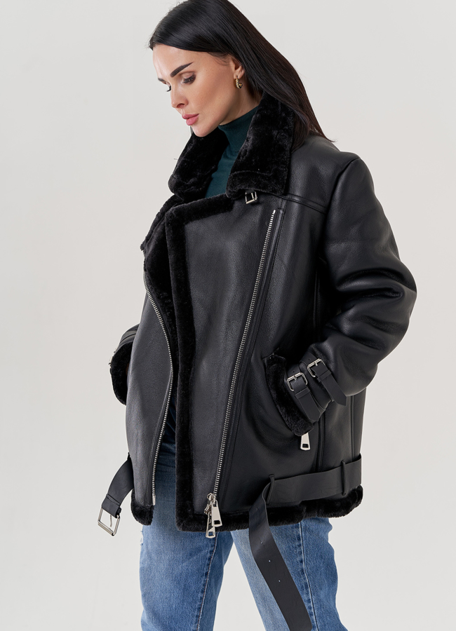 Женская дубленка пилот из эко кожи черно цвета  модель № 79311 в рассрочку