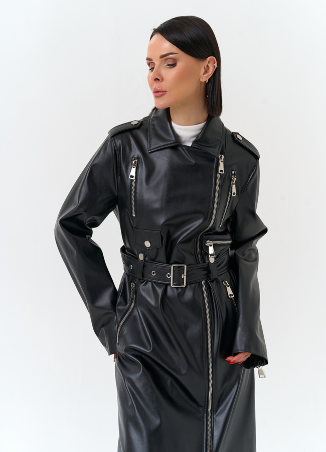 Женский длинный плащ из эко кожи  модель № 27166 универмаг малина