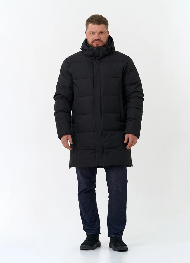Мужской удлиненный пуховик с капюшоном модель № 34075 в кредит фото