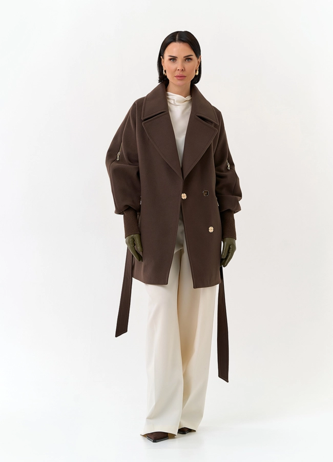 Женское укороченное пальто с декоративными молниями модель № 32804 универмаг малина
