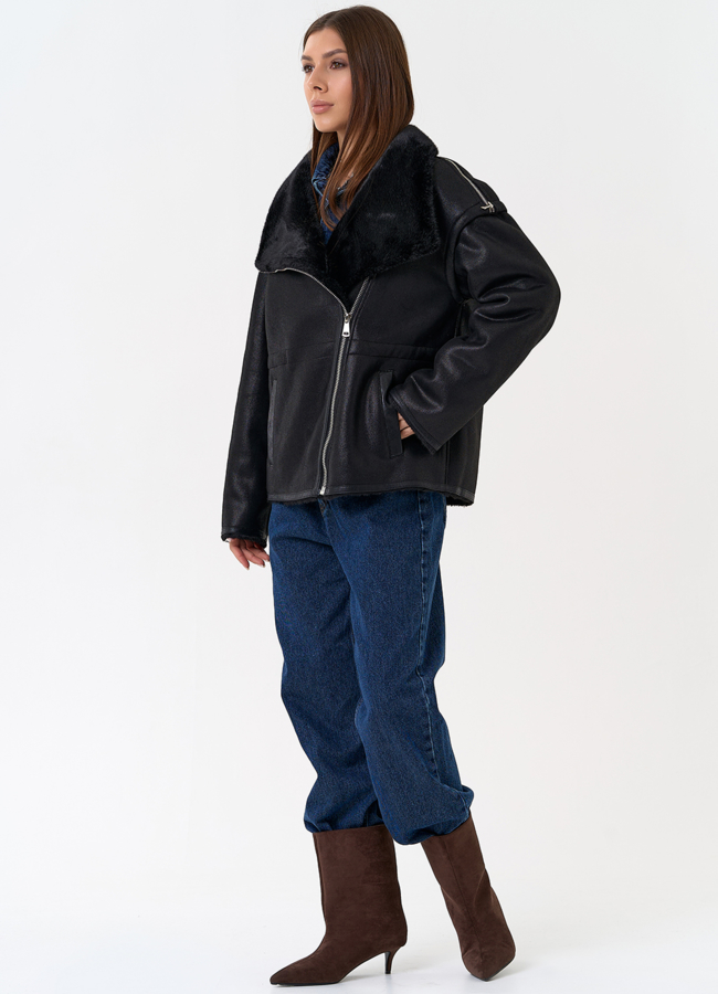 Женская дубленка из эко замши в черном цвете модель № 31433 в рассрочку