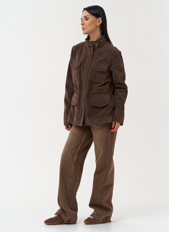 Женская парка из эко замши коричневого цвета