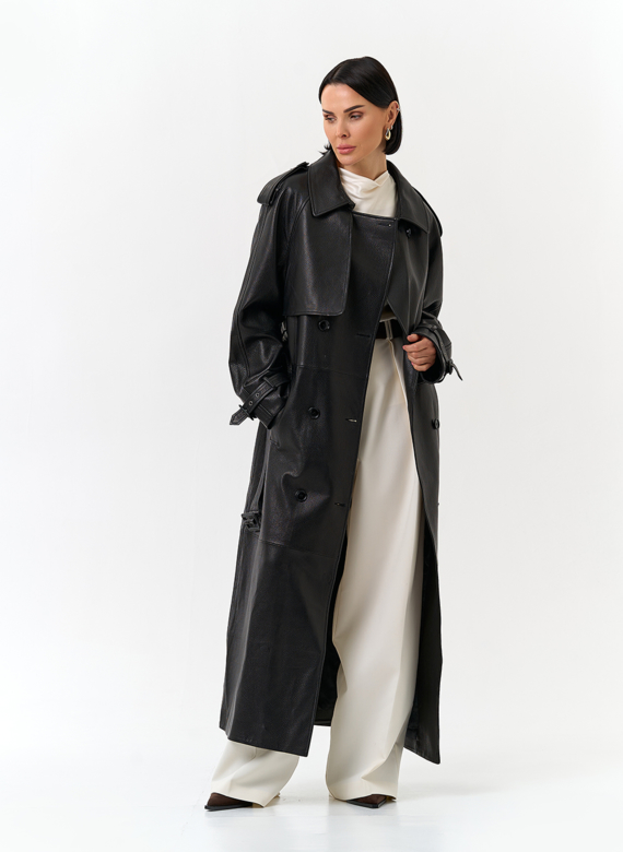 Женский длинный плащ из натуральной кожи