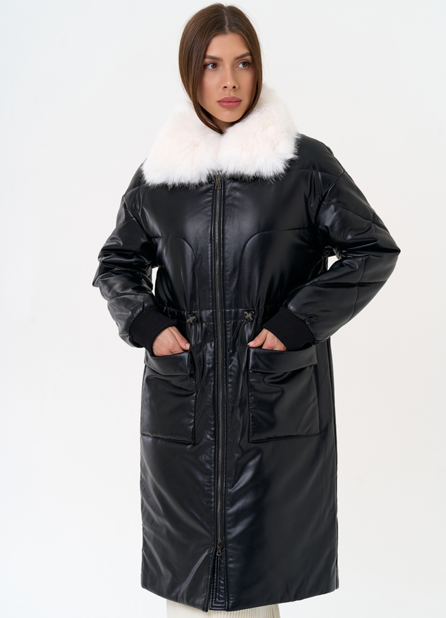 фото Женский пуховик из эко кожи с воротником из эко меха модель № 30724