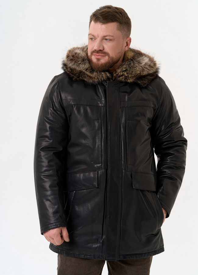Мужская куртка с капюшоном на мехе из волка модель № 31780 в рассрочку